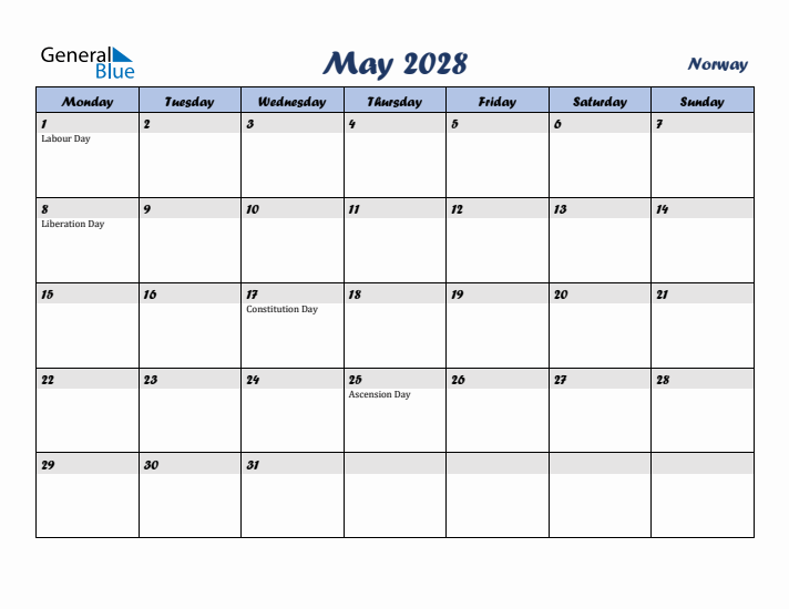 May 2028 Calendar with Holidays in Norway
