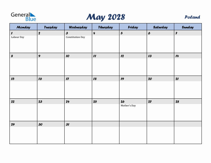 May 2028 Calendar with Holidays in Poland