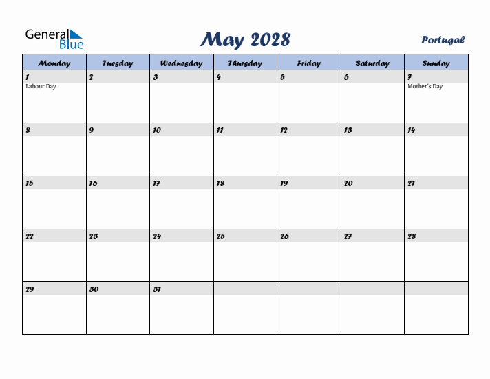 May 2028 Calendar with Holidays in Portugal