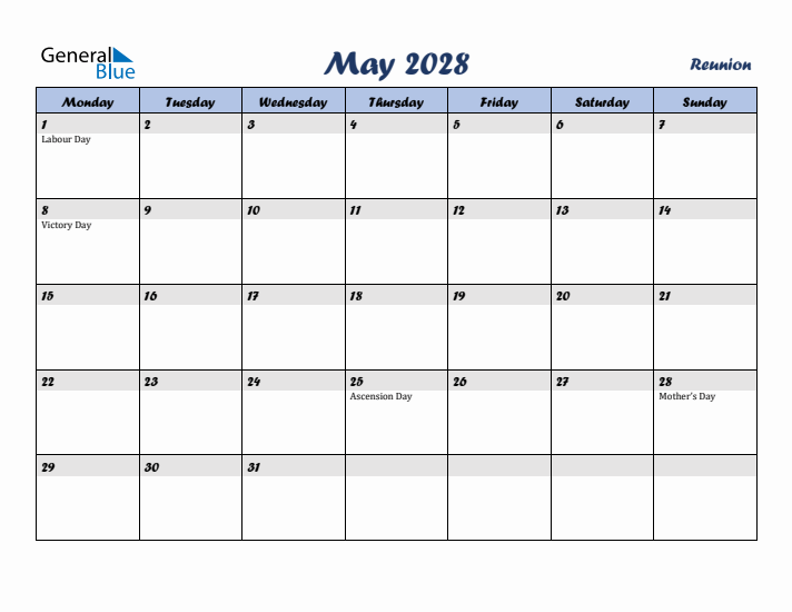 May 2028 Calendar with Holidays in Reunion