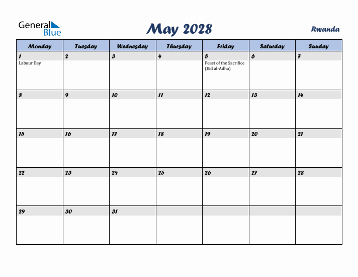 May 2028 Calendar with Holidays in Rwanda