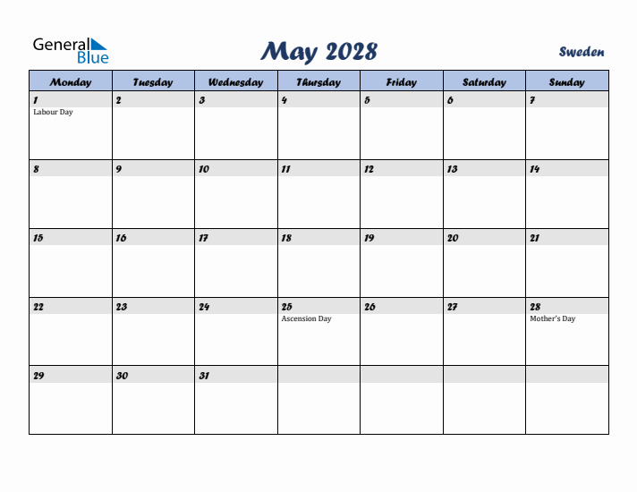 May 2028 Calendar with Holidays in Sweden