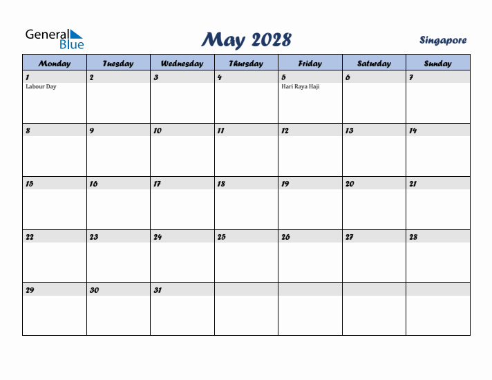May 2028 Calendar with Holidays in Singapore
