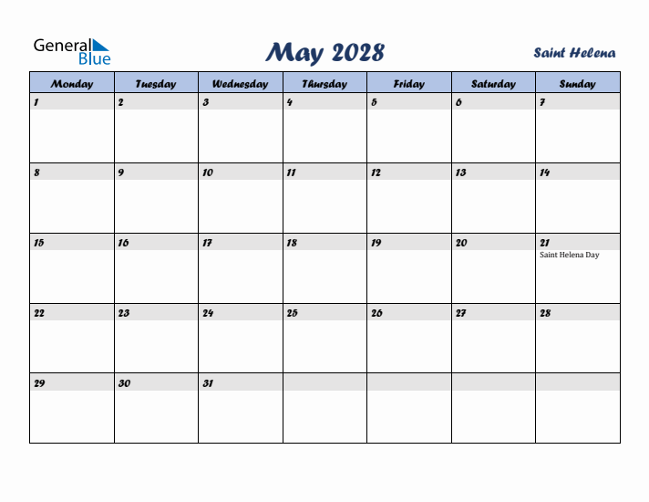 May 2028 Calendar with Holidays in Saint Helena