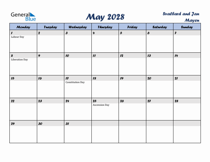 May 2028 Calendar with Holidays in Svalbard and Jan Mayen