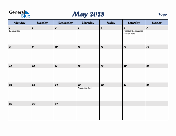 May 2028 Calendar with Holidays in Togo