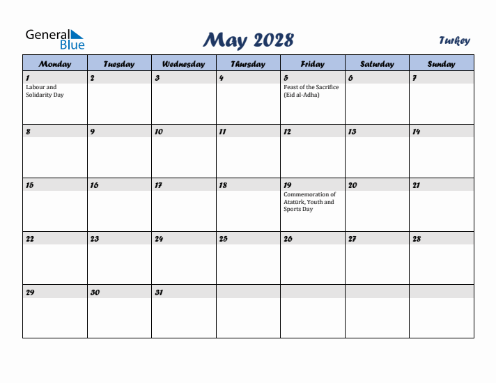 May 2028 Calendar with Holidays in Turkey