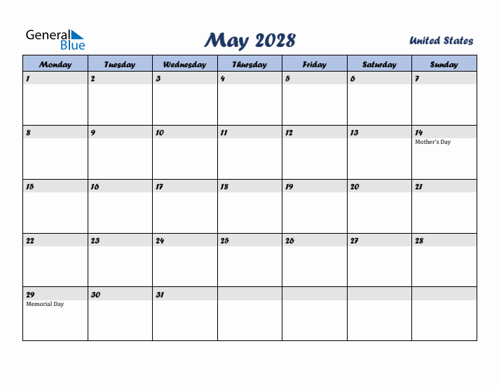 May 2028 Calendar with Holidays in United States