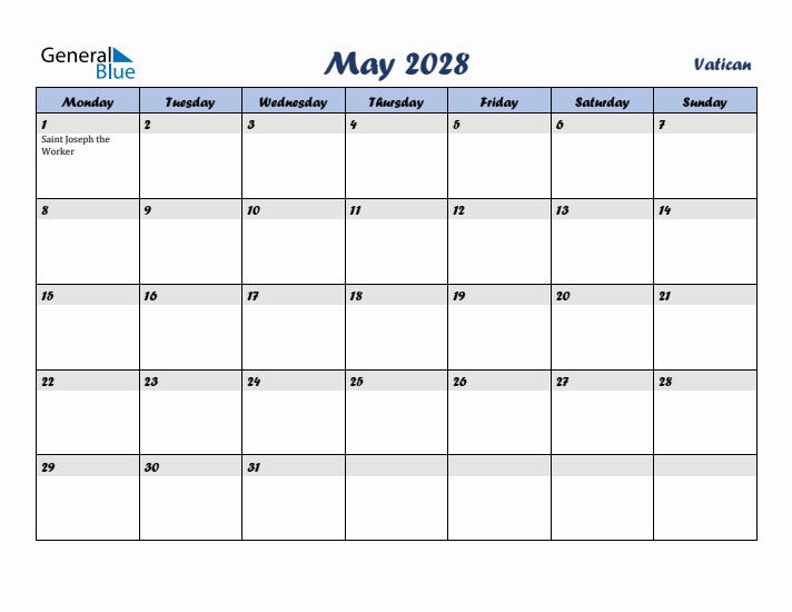 May 2028 Calendar with Holidays in Vatican