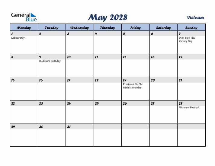 May 2028 Calendar with Holidays in Vietnam