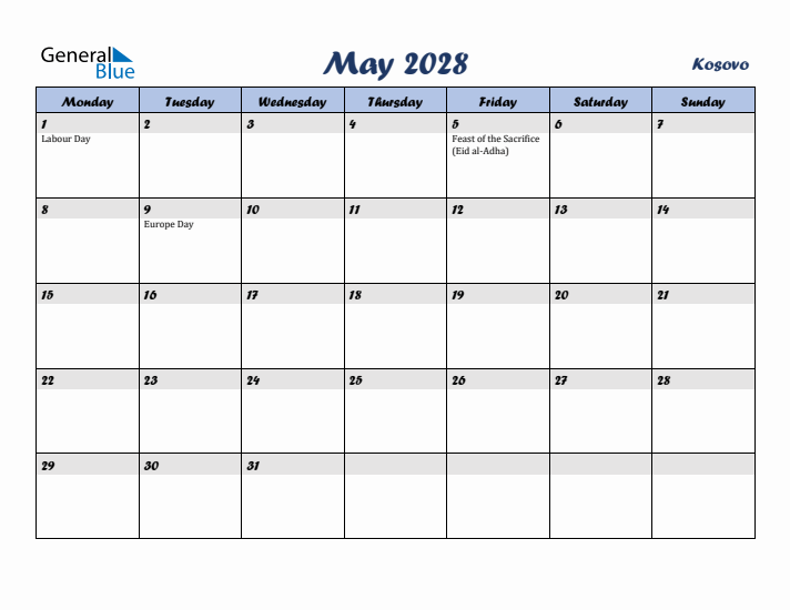 May 2028 Calendar with Holidays in Kosovo