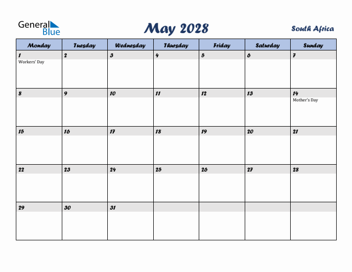 May 2028 Calendar with Holidays in South Africa