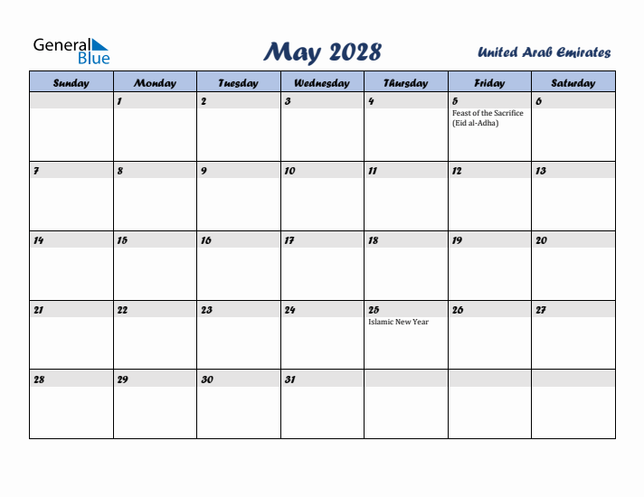 May 2028 Calendar with Holidays in United Arab Emirates