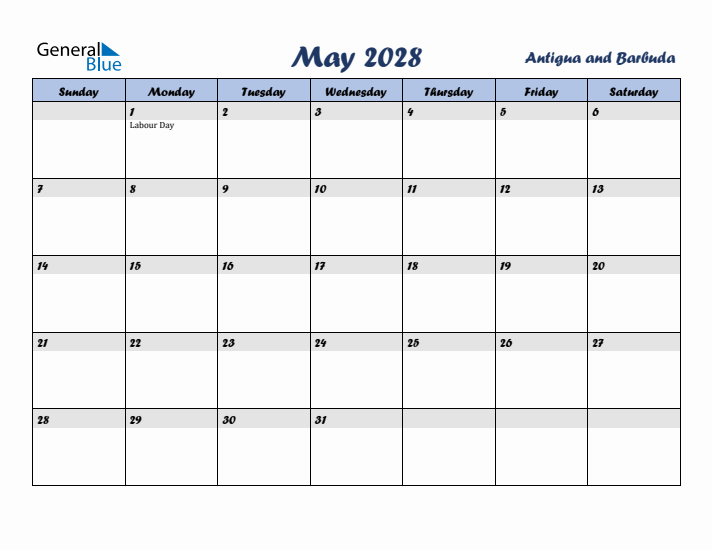 May 2028 Calendar with Holidays in Antigua and Barbuda