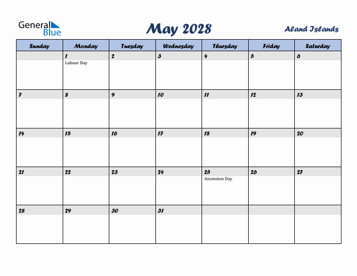 May 2028 Calendar with Holidays in Aland Islands