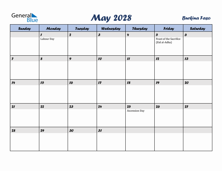 May 2028 Calendar with Holidays in Burkina Faso