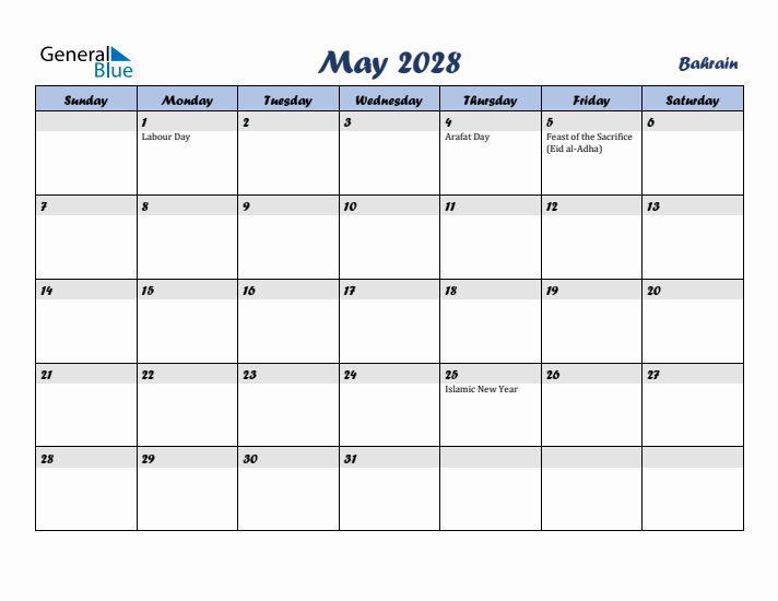 May 2028 Calendar with Holidays in Bahrain