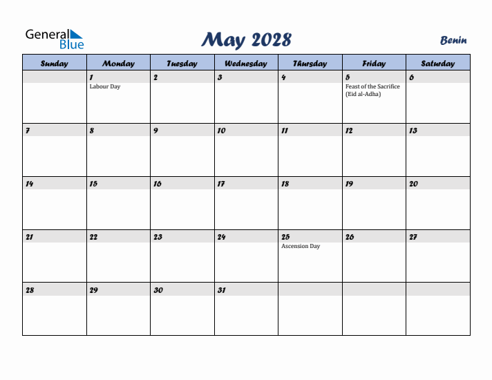 May 2028 Calendar with Holidays in Benin