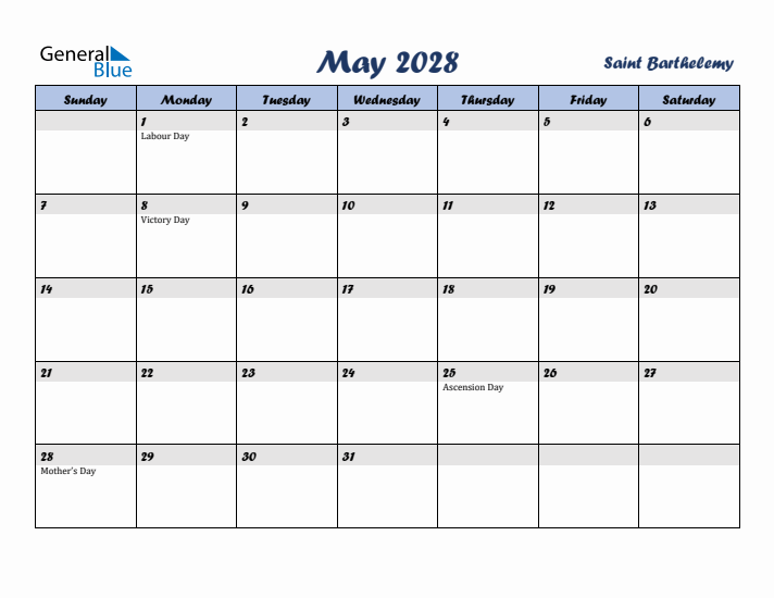 May 2028 Calendar with Holidays in Saint Barthelemy