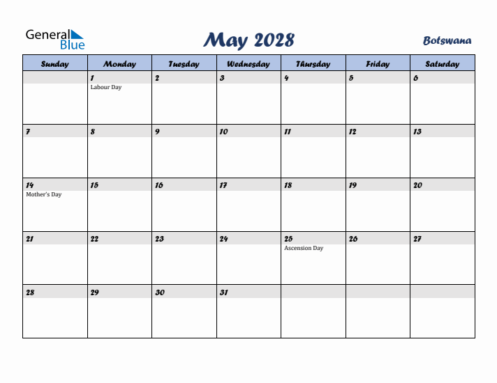 May 2028 Calendar with Holidays in Botswana