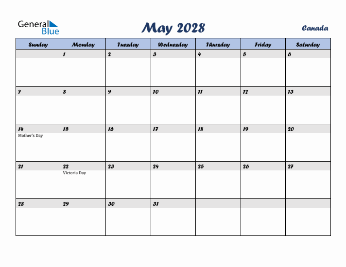 May 2028 Calendar with Holidays in Canada