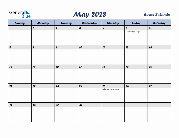 May 2028 Calendar with Holidays in Cocos Islands