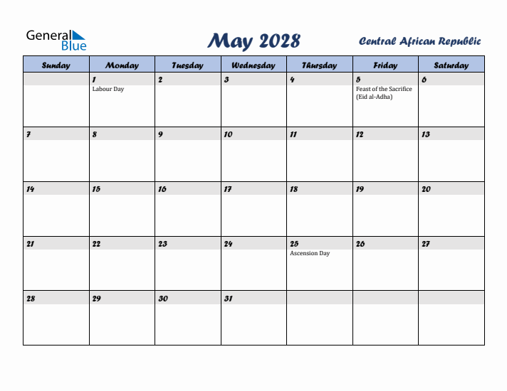 May 2028 Calendar with Holidays in Central African Republic