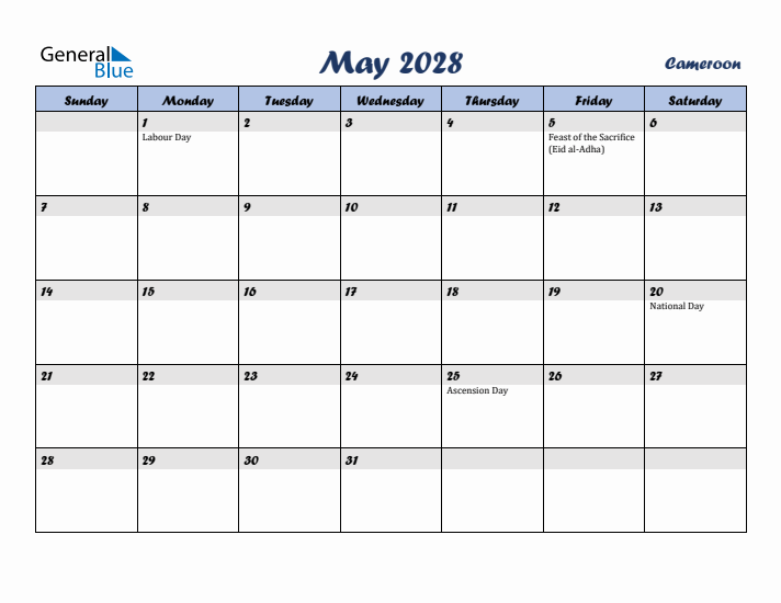 May 2028 Calendar with Holidays in Cameroon