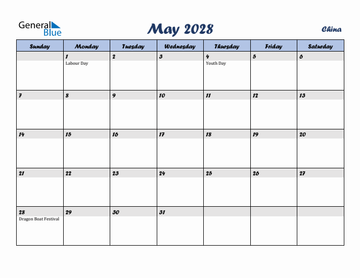 May 2028 Calendar with Holidays in China