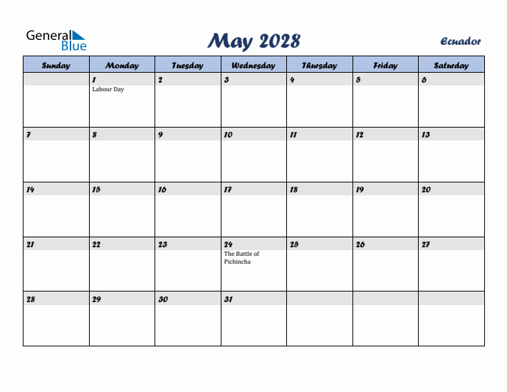 May 2028 Calendar with Holidays in Ecuador