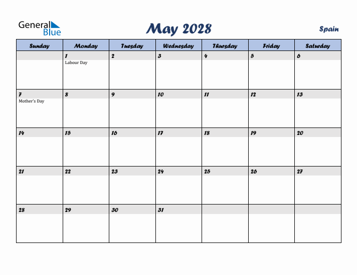 May 2028 Calendar with Holidays in Spain