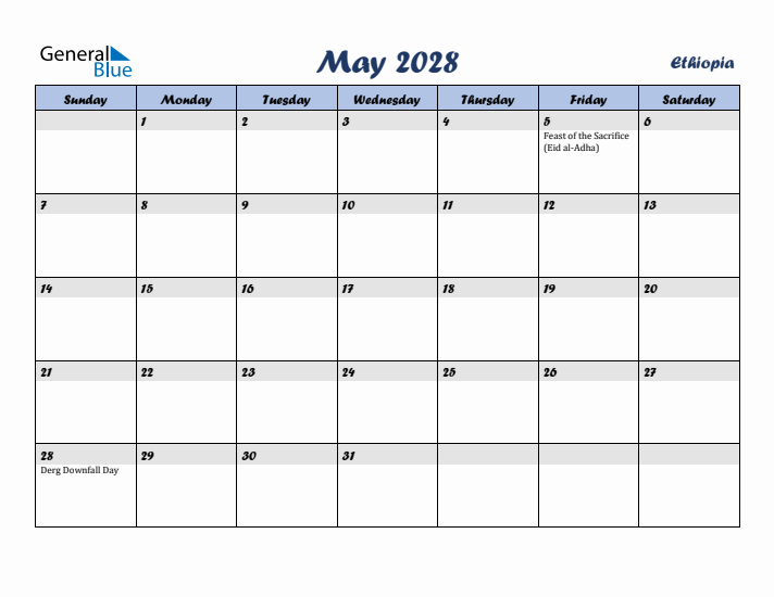 May 2028 Calendar with Holidays in Ethiopia