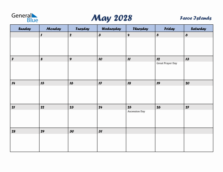 May 2028 Calendar with Holidays in Faroe Islands