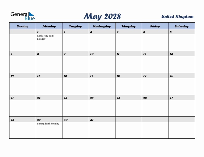 May 2028 Calendar with Holidays in United Kingdom