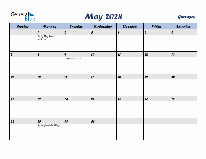 May 2028 Calendar with Holidays in Guernsey