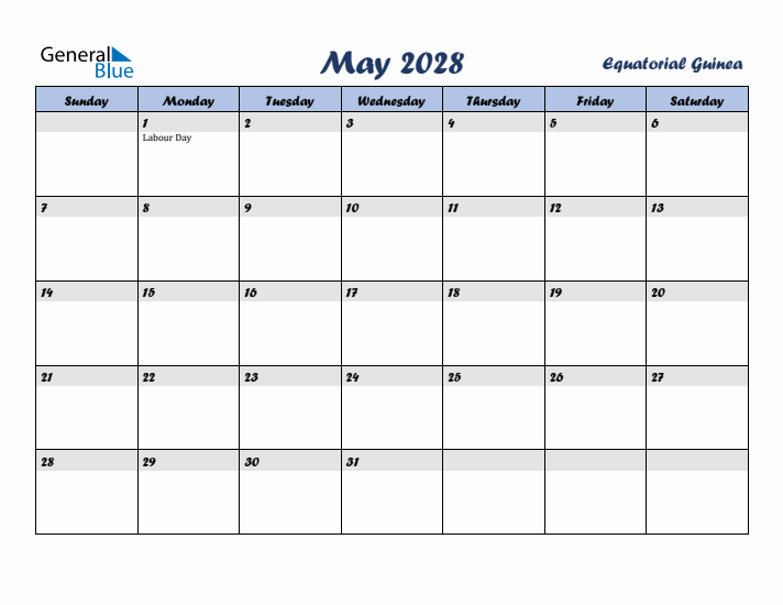 May 2028 Calendar with Holidays in Equatorial Guinea