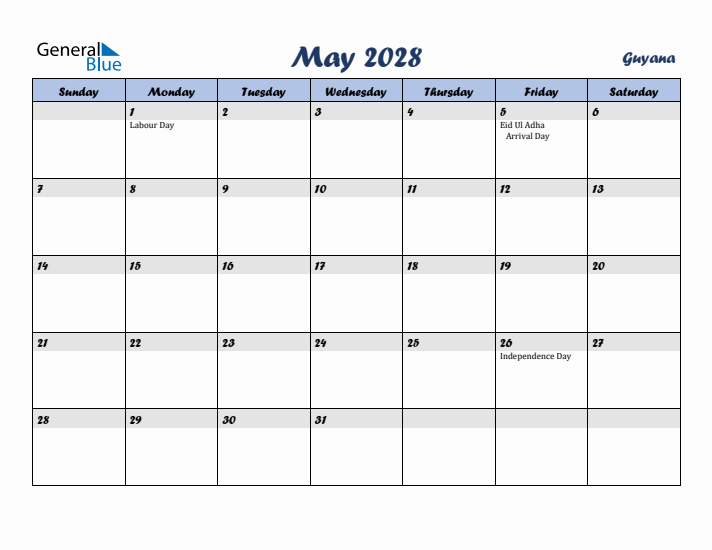 May 2028 Calendar with Holidays in Guyana