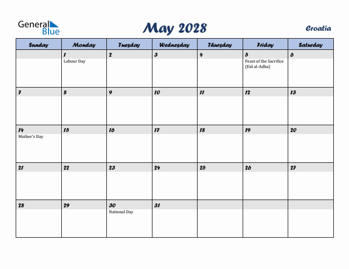 May 2028 Calendar with Holidays in Croatia