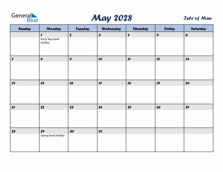 May 2028 Calendar with Holidays in Isle of Man