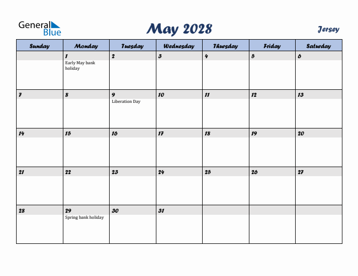 May 2028 Calendar with Holidays in Jersey