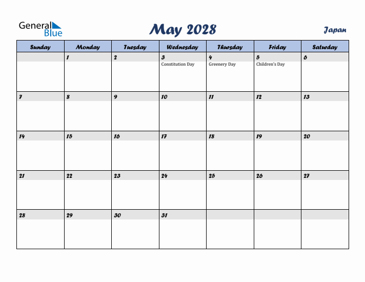 May 2028 Calendar with Holidays in Japan