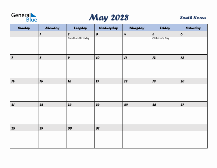 May 2028 Calendar with Holidays in South Korea
