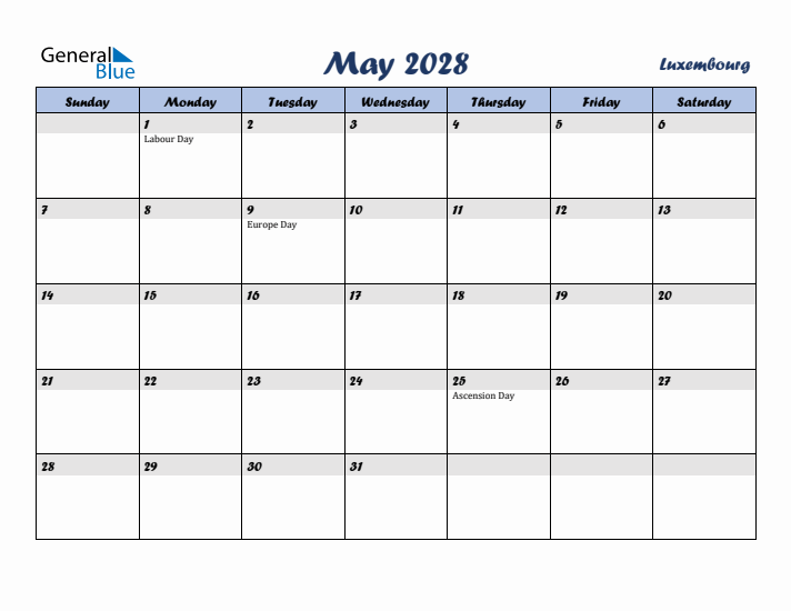 May 2028 Calendar with Holidays in Luxembourg