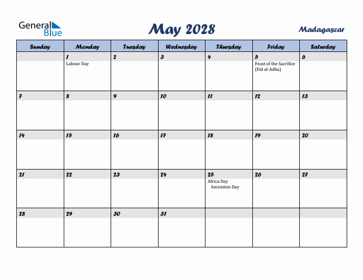 May 2028 Calendar with Holidays in Madagascar