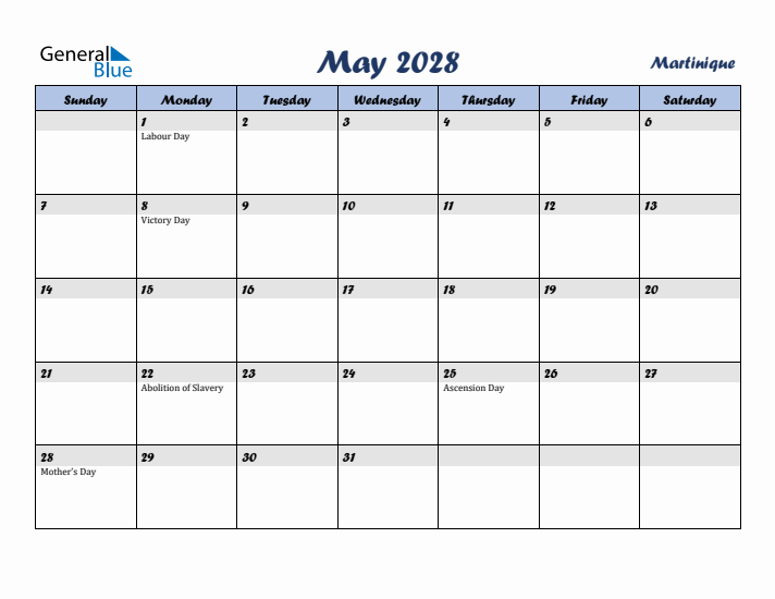 May 2028 Calendar with Holidays in Martinique