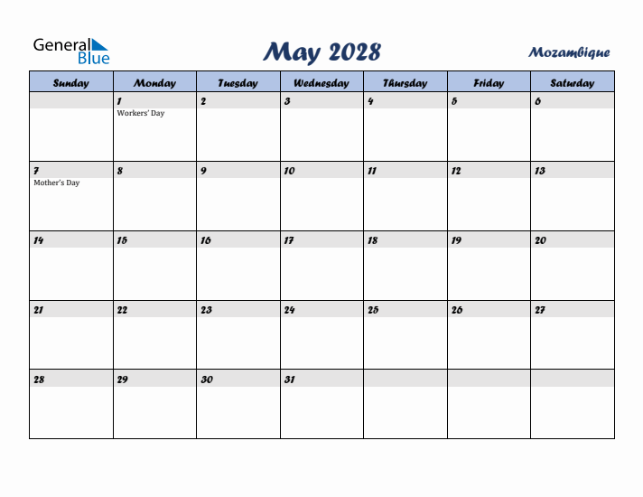 May 2028 Calendar with Holidays in Mozambique