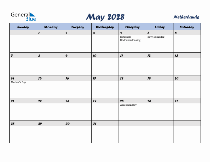 May 2028 Calendar with Holidays in The Netherlands