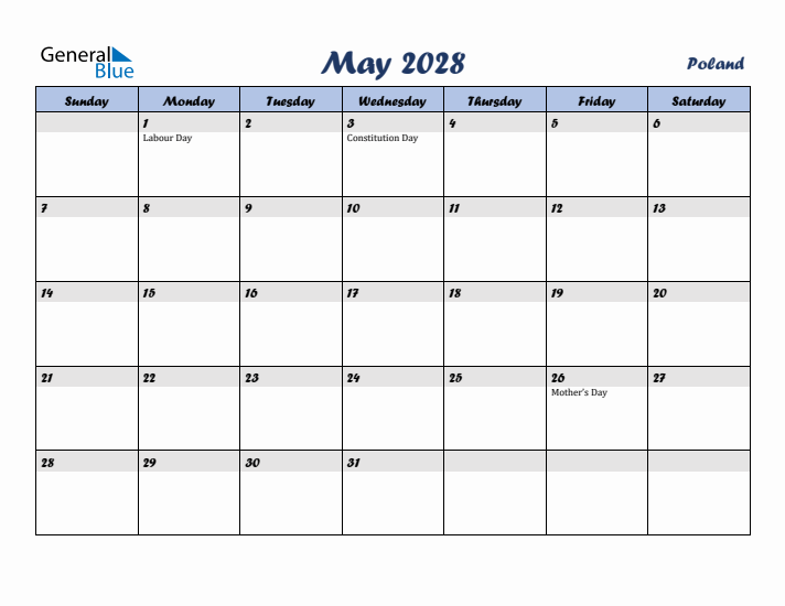May 2028 Calendar with Holidays in Poland