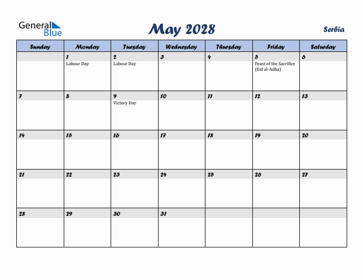 May 2028 Calendar with Holidays in Serbia