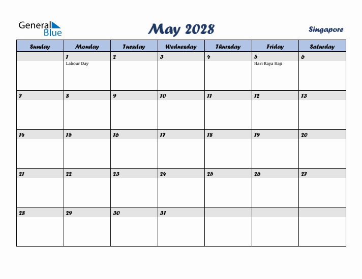 May 2028 Calendar with Holidays in Singapore
